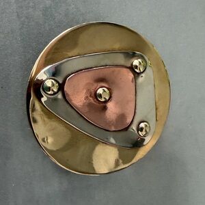 Handcrafted Artisan Modern Geometric Tri-Colored Metal Brooch